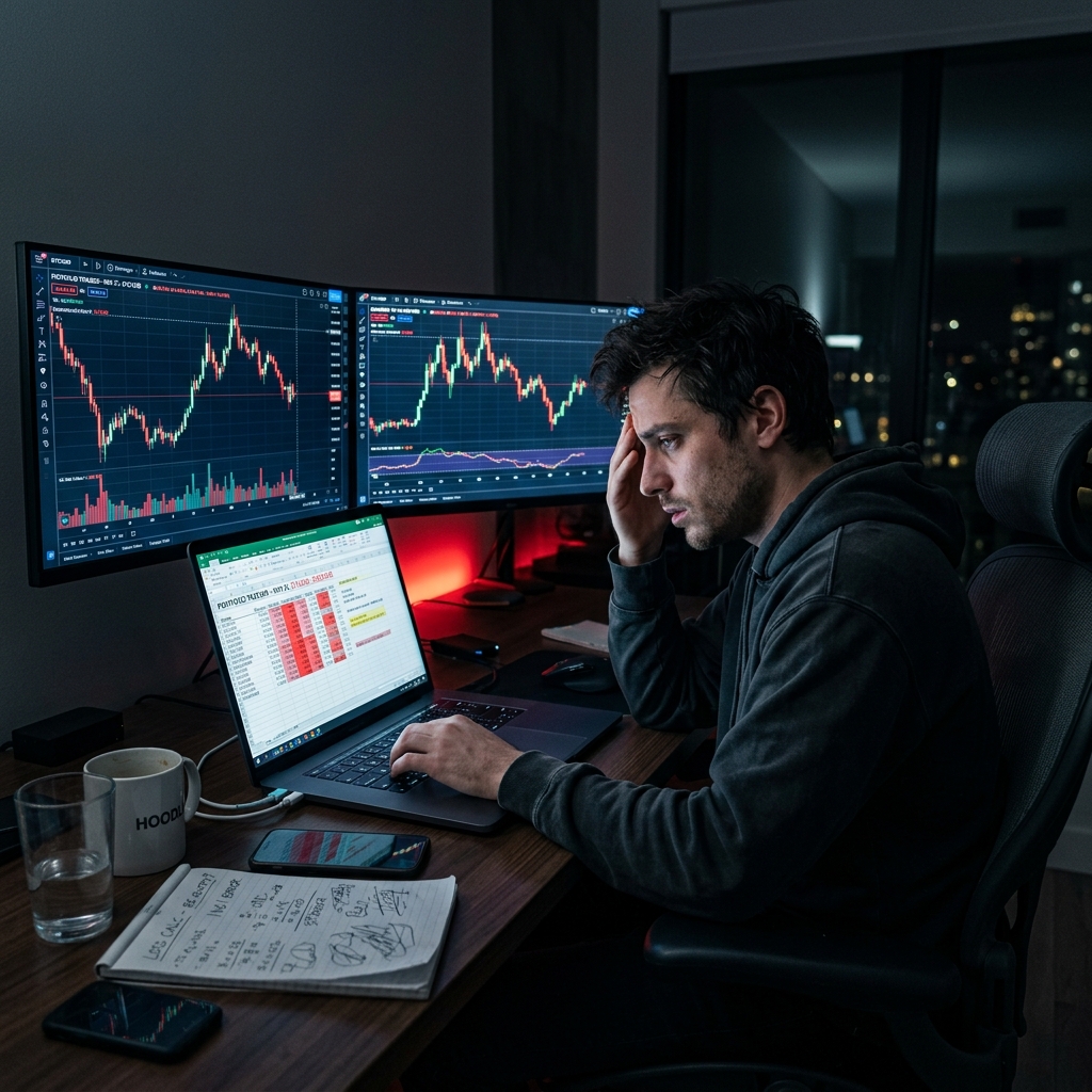 Tired crypto trader suffering from manual trade logging burnout